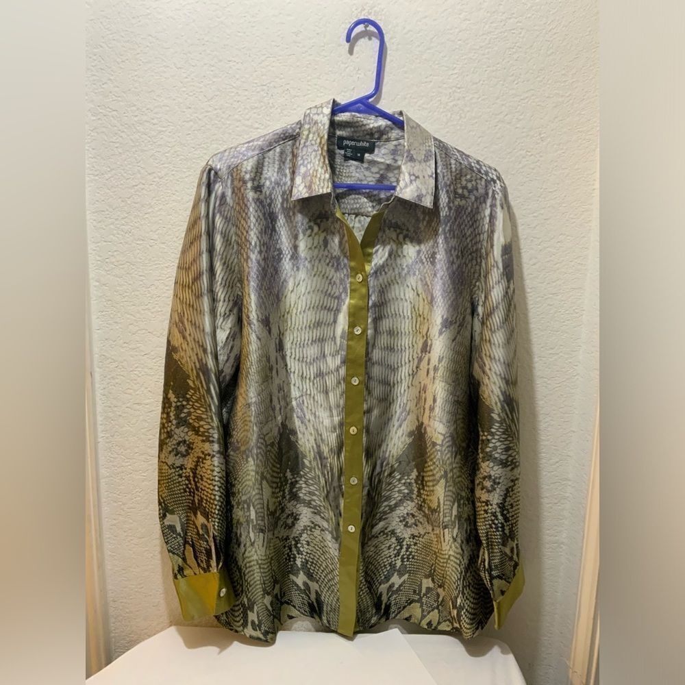 PaperWhite Snake Print multicolor  Gray 100% Silk Dress Button Down Women Sz 14